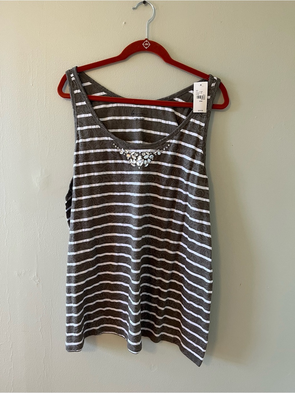 Lane Bryant Grey and White Striped Jeweled Scoop Neck Tank
